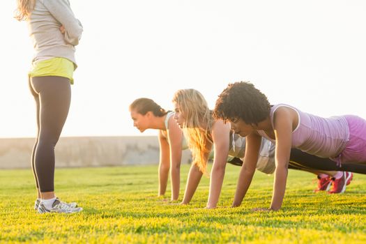 Sporty women doing push ups during fitness class in parkland