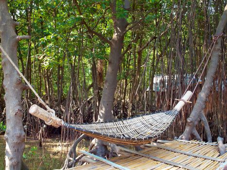 Hammock rattan hanging on tree with bamboo litter in mangrove forest