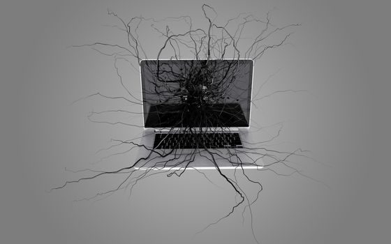 Social media icons set on the root growing out of laptop, concept