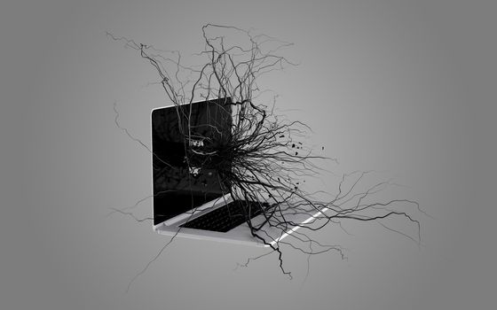 Social media icons set on the root growing out of laptop, concept