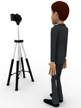 3d man stand in front of camera on tripod concept on white background, side angle view