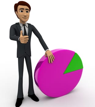 3d man standin beside pie graph concept on white background,  side angle view