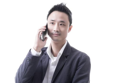Asian man with telephone mobile in business office concept on white background