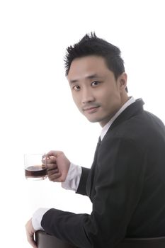 Asian man with black coffee in business office concept on white background