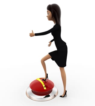 3d woman press right button with leg concept on white background, side angle view