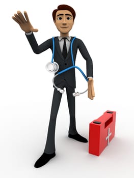 3d man doctor with first aid kit concept on white background, front angle view