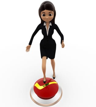 3d woman press right button with leg concept on white background, front angle view