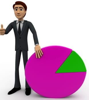 3d man standin beside pie graph concept on white background, front angle view