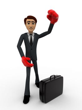 3d man wearing boxing gloves and with briefcase concept on white background, front angle view