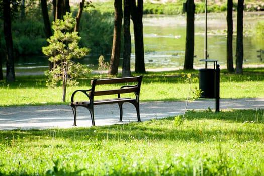 Stylish bench in the Park in Sunny summer day