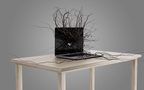 Social media icons set on the root growing out of laptop, concept