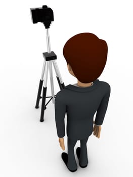 3d man stand in front of camera on tripod concept on white background, top angle view