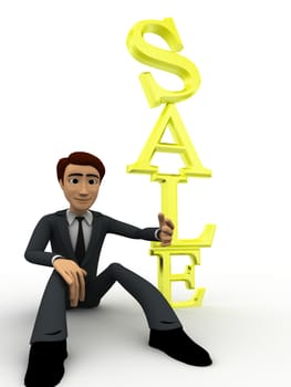 3d man sitting beside vertical sale text concept on white background, front angle view
