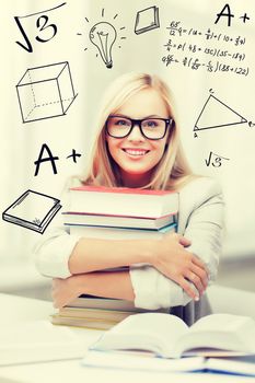 education and school concept - smiling student with stack of books and doodles
