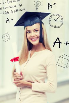 education and school concept - happy student in graduation cap with certificate