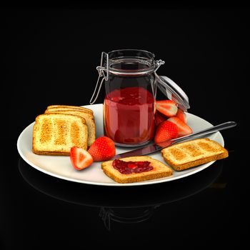 Toast with strawberry jam on a black background