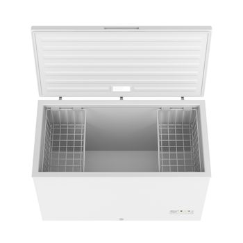 Open freezer isolated on white background