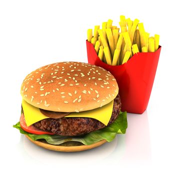 Hamburger and fries on a white background