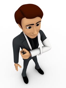 3d man broken hand  concept on white background, top angle view