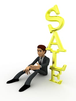 3d man sitting beside vertical sale text concept on white background, side angle view