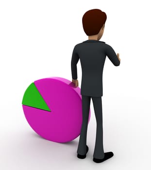 3d man standin beside pie graph concept on white background, back angle view