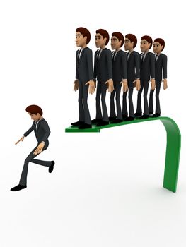 3d men jumpin from arrow in queue concept on white background, side angle view