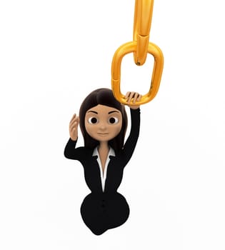 3d woman holding golden chain concept on white background,  top angle view