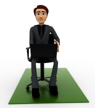 3d man put laptop on chair on white background, front angle view