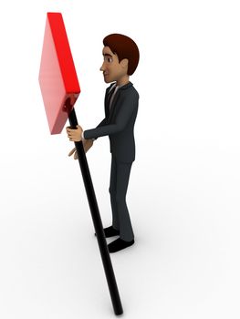 3d man holding red board in hand concept on white background, top angle view