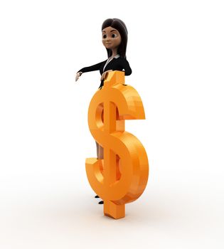 3d woman with dollar concept on white background, side angle view