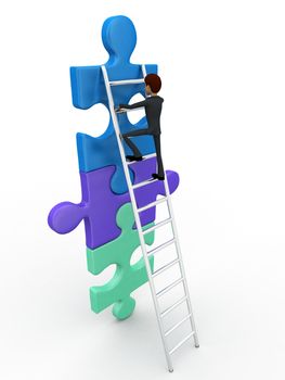 3d man climb puzzle with ladder concept on white background, side angle view