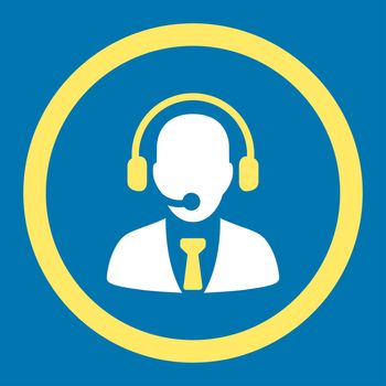 Call center glyph icon. This rounded flat symbol is drawn with yellow and white colors on a blue background.