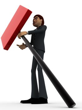 3d man holding red board in hand concept on white background, low angle view