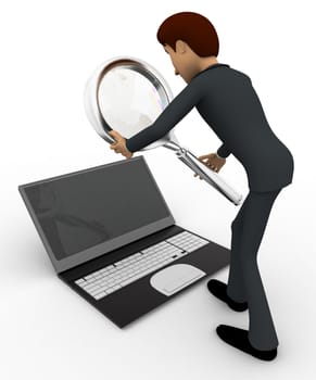 3d man searching on laptop with magnifying glass concept on white background, back angle view