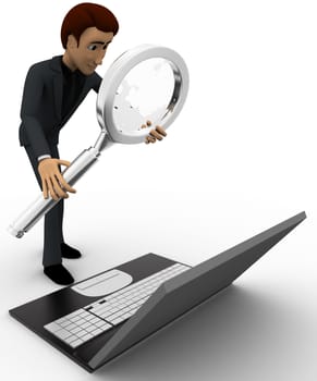 3d man searching on laptop with magnifying glass concept on white background, side angle view