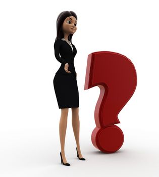 3d woman with red question mark concept on white background, side angle view
