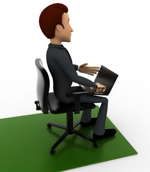 3d man put laptop on chair on white background, side angle view