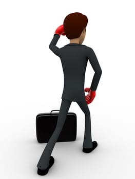 3d man wearing boxing gloves and with briefcase concept on white background, backangle view