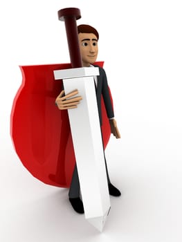 3d man with sword and shield concept on white background,  side angle view