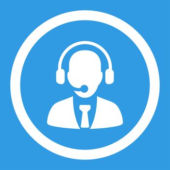 Call center glyph icon. This rounded flat symbol is drawn with white color on a blue background.