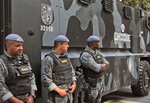 SAO PAULO, BRAZIL August 16 2015: An unidentified group of cops take care of security in the protest against federal government corruption in Sao Paulo Brazil.