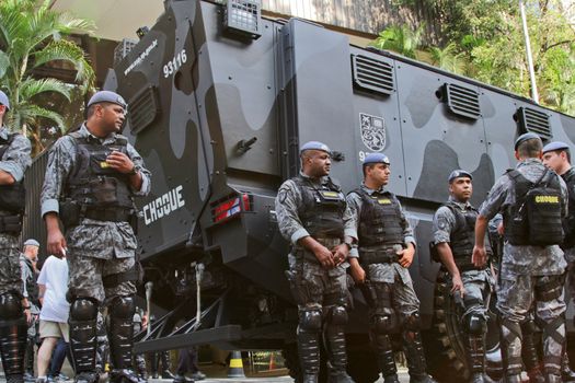 SAO PAULO, BRAZIL August 16 2015: An unidentified group of cops take care of security in the protest against federal government corruption in Sao Paulo Brazil.