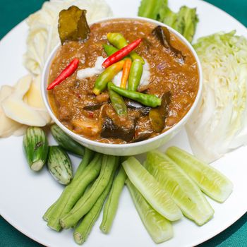 preserved vegetables ,Herbed Soya Beans with Minced Shrimp and Pork in Coconut Milk served with Fresh Vegetables