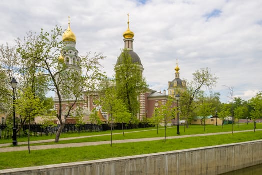 Orthodox churches of traditional Russian classical architectural style in Moscow in the spring