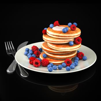 Pancakes with berries on a black background