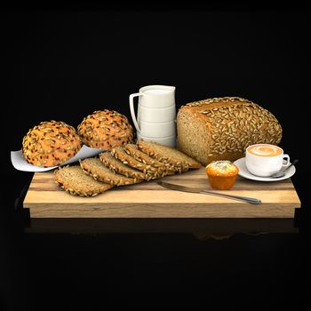 Bread and buns with sesame seeds on a black background