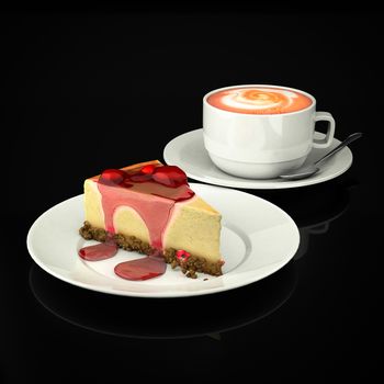 Piece of cake and a cup of coffee on a black background