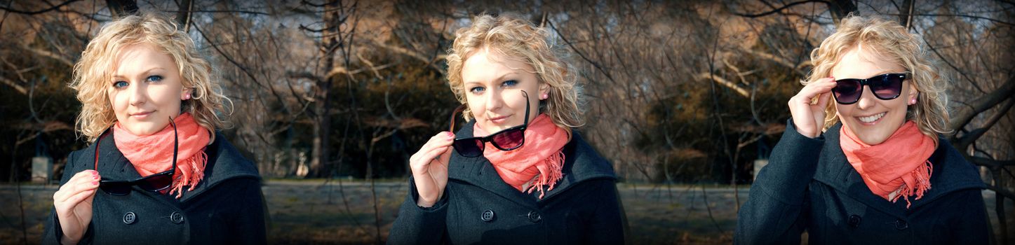 Beautiful young girl puts on her sunglasses.