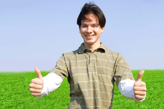 Gesture conceptual image. Teenager giving the thumbs-up signs.