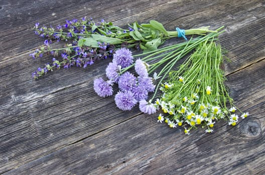 middsummer medical herbs binch on old wooden background. sage, chamomile and onion blossoms